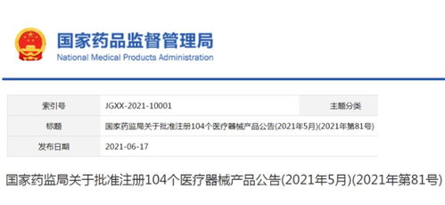 药监总局2021年5月新批准医疗器械注册产品104个